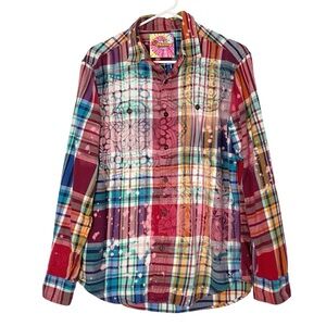 Handmade Floral Flannel Shirt Mens Size Medium Unisex Bleached Plaid Button Down